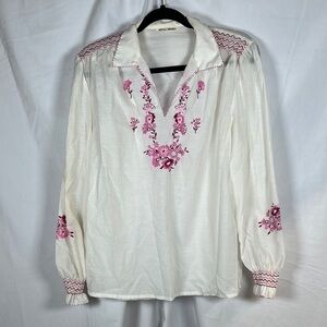 White and Pink Smocked Long Sleeve Blouse with Embellished V-Neck